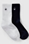 Boy's White-Navy Blue Logo Embroidered 2-Piece Long Socks Set