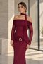 Women's Boat Neck Draped Long Sleeve Midi Dress with Gold Accessories - Burgundy - 2