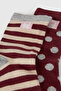 Boy's Burgundy - Cream Logo Label Detailed Patterned 2-Piece Sock Set - 2