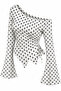 Polka Dot Long Sleeve Asymmetric Collar Draped Side Tie Spring Autumn Blouse Top
