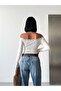 Women's White Boat Neck Collar Lace Sandy Fabric Long Sleeve Blouse - 4