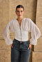 Women's White Agraf Detailed Corseted V-Neck Balloon Sleeve Blouse - 3