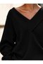 Black Women's Off-The-Shoulder V-Neck Oversized Sweatshirt – Loose Sweatshirt with Cross Collar Detail - 2
