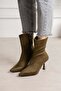 Marya Women's Khaki Stretch Luxury Suede Pointed Toe Warm Lined Zippered 7 cm Thin Heeled Boots Bootie - 2