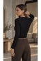 Women's Black Self-Zebra Patterned Boat Neck Long Sleeve Sandy Fabric Blouse with Side Gathered Detail - 7