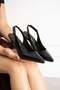 Nilda Women's Black Crocodile Patent Leather Pointed Toe Slingback 7 cm Thin Heeled Shoes