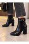Gny Pointed Toe Black Belt Detailed Heeled Boots