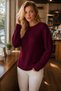 Women's Round Neck Long Sleeve Thessaloniki Sleeve Hair Braided Twisted Stylish Elegant Casual Burgundy Knitwear Sweater - 8