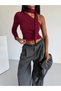 Women's Burgundy Single Sleeve Blouse with Scarf in Sandy Fabric Long Sleeve Blouse - 2