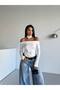 Women's White Boat Neck Sandy Fabric Long Sleeve Blouse - 2