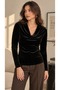Women's Black Velvet Fabric Degaje Collar Long Sleeve Blouse - 2