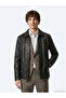 Khaki Regular Fit Shirt Collar Casual Leather Leather Coat - 4