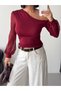 Women's Burgundy One-Shoulder Open Sleeve Chiffon Balloon Sleeve Sandy Fabric Blouse - 3