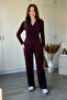 Double-Breasted Collar Burgundy Trousers and Blouse Set with Waist Accessories