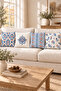 Blue Orange Ethnic Tile Pattern 4 Pillow Covers 1 Runner 5 Piece Set - 3