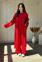 Modal Fabric 3-Piece Long Red Cardigan Pants Blouse Set - 4