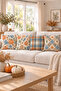 Blue Orange Plaid Pumpkin Patterned 4 Throw Pillow Covers 1 Runner 5 Piece Set - 4