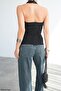 Women's Stone Halter Neck Backless Cotton Knitwear Blouse - 2