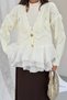 Women's Layered Chiffon Flounce Floral Embossed Gold Buttoned Knitwear Cardigan 1107 - Ecru - 4