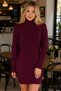 Women's Long Sleeve Turtleneck High Neck Front Back Hairnet Thessaloniki Knit Patterned Links Detailed Stylish Elegant Casual Burgundy Knitwear Mini Tunic Dress