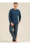 Men'S, 100% Cotton, Crew Neck, Pocket Detail, Navy Blue Long Sleeve Pajama Set