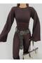 Women's Bitter Brown Crew Neck Spanish Sleeve Blouse Frv0154 - 2