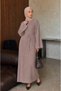 Women's Comfortable Cut Wide Sleeve Belted Ribbed Textured Hijab Dress - 6