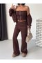 Women's Brown Zippered Bustier 3 Thread Raster Triple Sweatpants Set Get26372 - 5