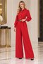 Women's Red Balloon Sleeve Belt Shirt Collar Crepe Fabric Jumpsuit Nbk5006 - 3