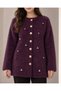 Women's Crew Neck Pearl and Stone Embellished Copper Buttoned Long Sleeve Fuzzy Embroidered Knitwear Tunic Jacket - 3