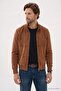Men's Relax Fit Comfortable Cut Stand Collar Zippered Lined Suede Look Knitwear Brown Coat with Sleeve Pockets - 2
