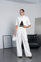 Women's Ecru Short-Sleeved Crop Jacket Wide-Leg Pants Set Pc4407 - 6