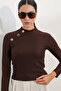 Women's Button Detailed Long Sleeve Blouse 40044 - Brown - 4