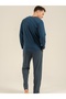 Men'S, 100% Cotton, Crew Neck, Pocket Detail, Navy Blue Long Sleeve Pajama Set - 3