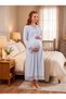 New Season Blue Lace Detailed Special Design Long Sleeve 100% Cotton Maternity Nightgown Set with Breastfeeding Feature - 7