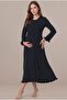 Women's Navy Blue Double-Breasted Collar Long Sleeve Maternity Nightgown Set, Facilitating Breastfeeding - 2