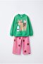 Children's Cotton Cat Printed Green Sweatshirt and Polka Dot Pink Sweatpants Set - 2