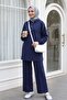 Hooded, Half-Buttoned, Elastic-Sleeved, Pocketed Pants Set - Dark Blue