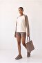 Ecru Crew Neck Raglan Sleeve Double Color Relaxed Fit Cotton Sweatshirt - 2