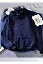 Unisex Navy Blue Kangaroo Pocket Thick Fabric Oversize Hooded Sweatshirt Hoodie