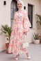 Hakim Collar Belted Patterned Polyviscon Dress -Pink - 5