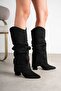Lenaa Black Suede Drawstring Detachable Pointed Toe Heeled Boots with Zipper Women's Shoes - 4