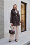 Elastic Waist Folded Sleeve Single Button Crepe Kimono - Dark Brown - 4