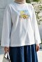 Crew Neck Front Printed Loose Combed Cotton Sweatshirt -White - 3
