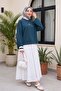 Floral Embroidery Round Neck Loose Combed Cotton Blouse -Petrol - 6