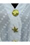 Brooch Detailed Embossed Polka Dot Patterned Jacquard Kimono with Slits on the Sides -White - 6