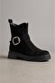 Women's Black Suede Buckle Zippered Comfortable Sole Stylish Design Daily Boots