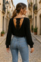 Women's long sleeve v neck window back lace detailed thick ribbed camisole blouse