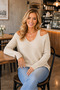 Women's V-Neck Long Sleeve Off-The-Shoulder Knitted Textured Soft Stylish Casual Beige Knitwear Sweater - 2