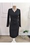 Women's long sleeve double breasted lapel pleated waist midi imported crepe dress - 4